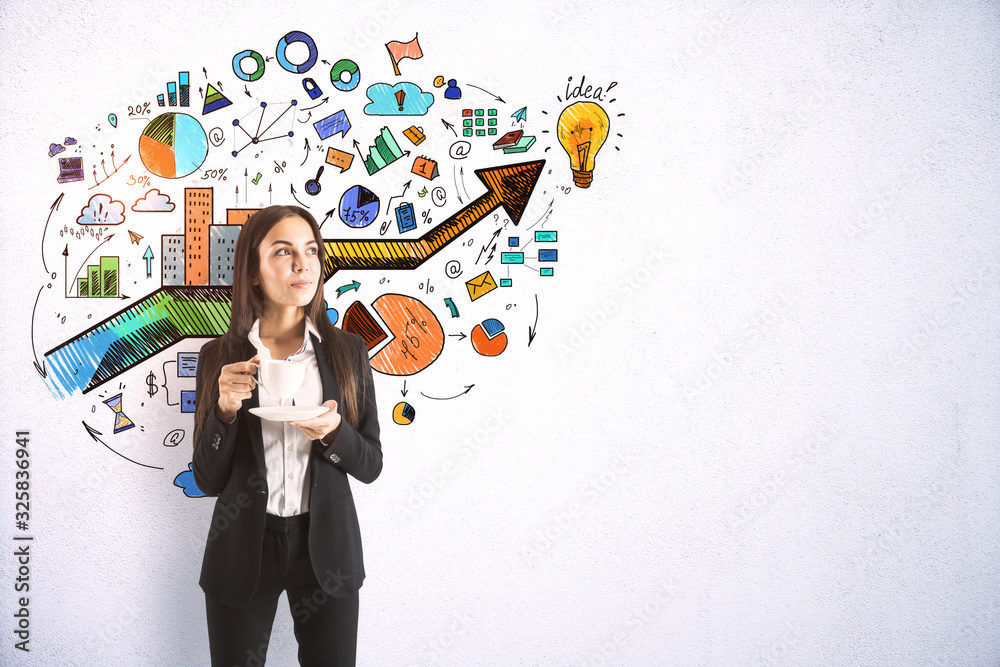 Businesswoman holding cup of coffee and drawing success marketing plan Businesswoman holding cup of coffee and drawing success marketing plan
