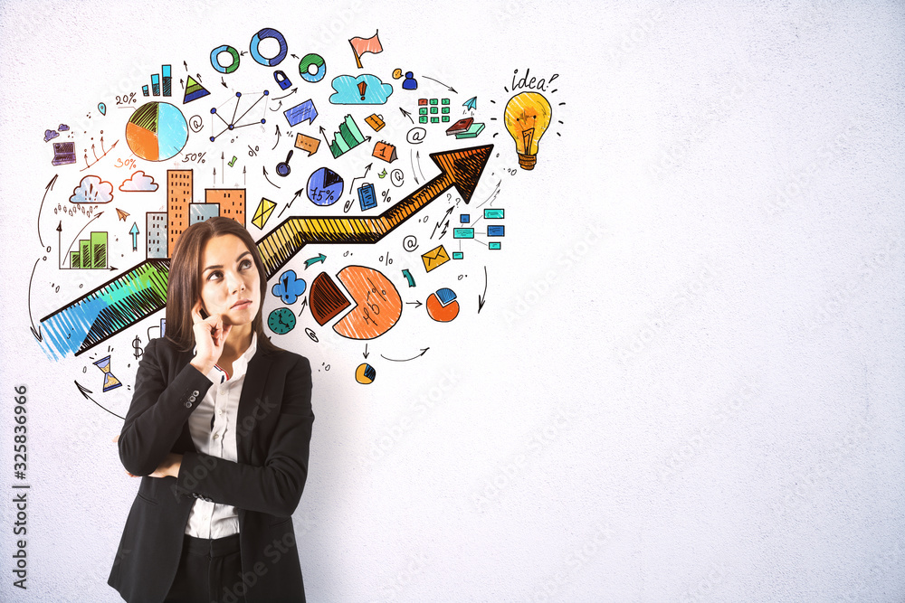 Businesswoman thinking and drawing success marketing plan Businesswoman thinking and drawing success marketing plan