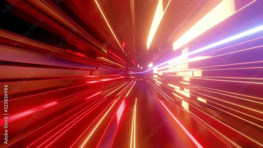 4k looped abstract high-tech tunnel with neon lights, camera flies through tunnel, neon lights flicker. Sci-fi red orange background in the style of cyberpunk or high-tech future. 12