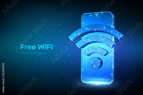 Free WiFi concept. Abstract low polygonal smartphone with wi-fi sign. Hotspot signal symbol. Mobile connection zone. Data transfer. Public assess zone. Wireless connection concept. Vector illustration