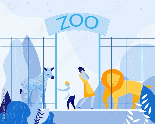 Mother with Son Visiting Open Air Zoo with Cartoon Wild Animals. Woman Scared by Huge Predatory Formidable Lion. Boy Looking at Zebra. Natural Design. Family Recreation. Vector Flat Illustration