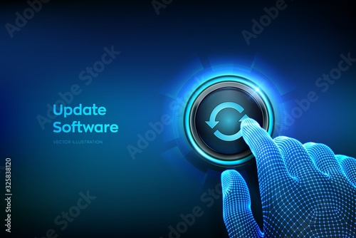 Update button. Closeup finger about to press a button. Upgrade Software version concept. Computer program upgrade technology concept. Cross-device synchronization and operation. Vector illustration. photo