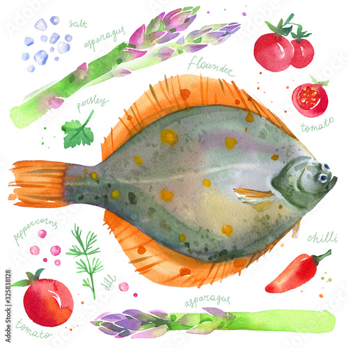 Watercolor set with flounder or plaice fish, asparagus, cherry tomatoes and herbs