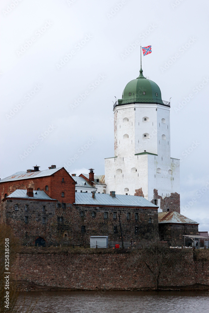 View to old medieval Vyborg castle landmark of Russia