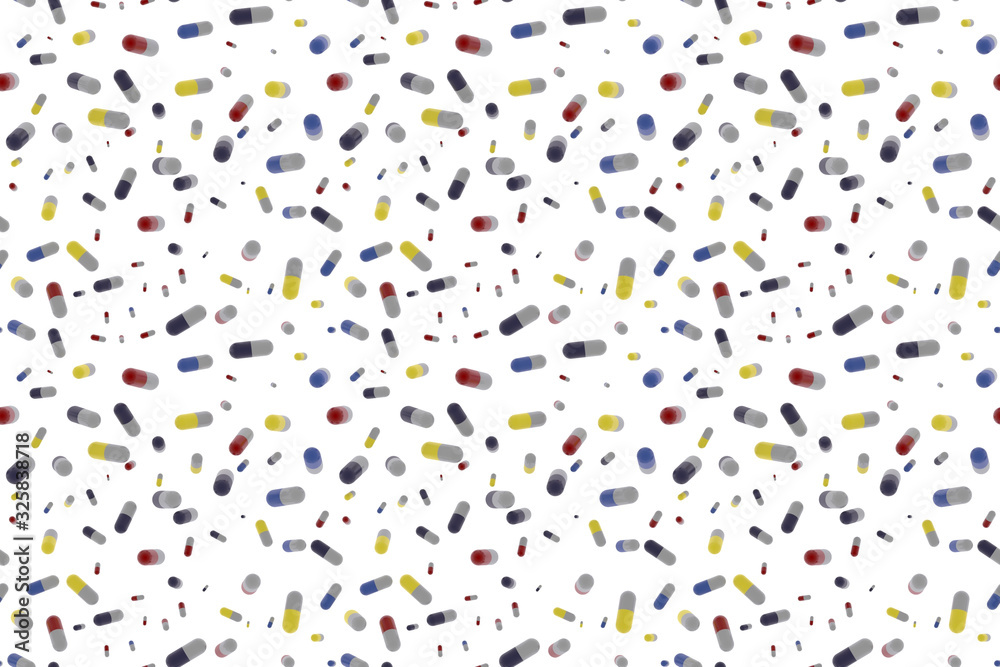 Seamless pattern from multi colored drugs or pills of differnet sizes in chaotic order. 3d illustration. Print for package paper or fabric.