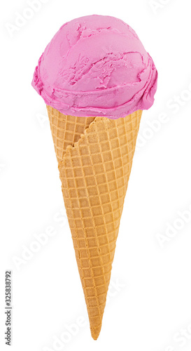strawberry  ice cream in the cone on white background with clipping path