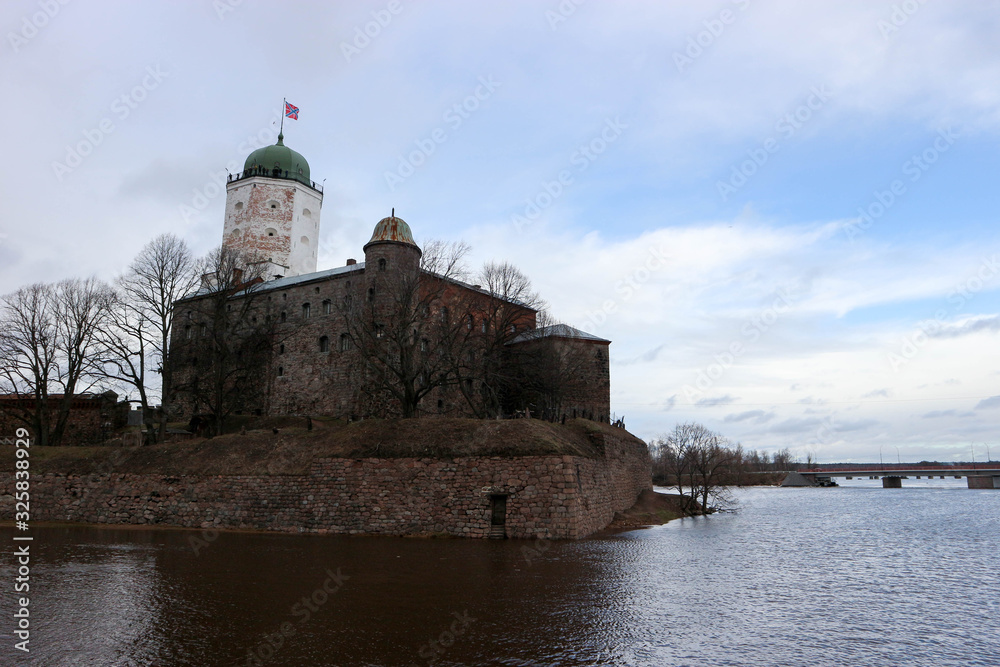 View to medieval Vyborg castle with gulf of vyborg, Russia