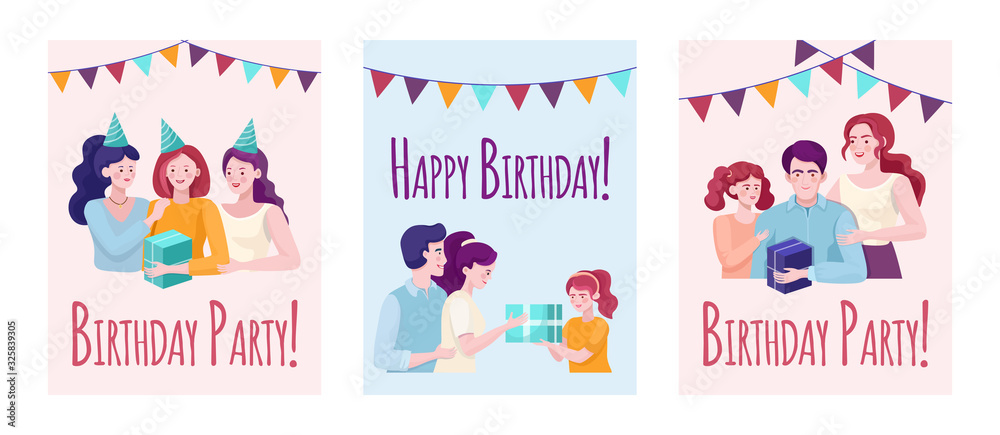 Set of happy birthday banner design templates.