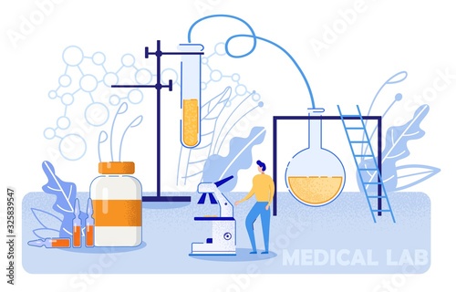 Chemical Process in Modern Medical Laboratory. Scientist Guy Near Microscope Observes Chemical Reaction. Flask and Test Tube Held on Tripods. Vector with Medicine Jar, Ampoules and Chemical Compounds