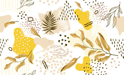 Gordijnen Tropische bladerprint patronen Seamless exotic pattern with tropical plants and gold elements. Vector  © Tolchik