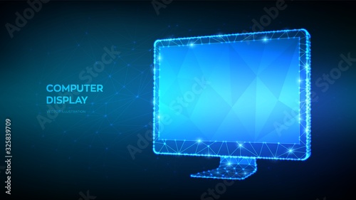 Monitor. Abstract computer monitor with blank empty screen. Low poly geometric shapes. Internet or digital or devices and computer symbol. 3D polygonal vector illustration.