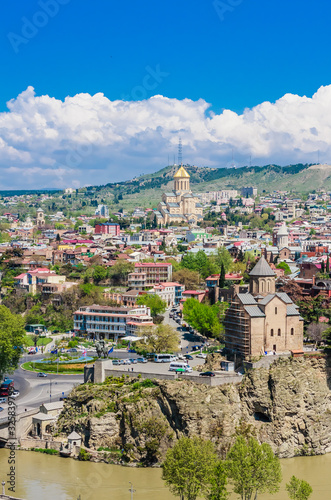 Panoramic view of Tbilisi city from Sololaki Hill, old town and modern architecture. Georgia