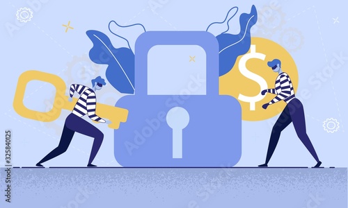 Breaking Security System, Illegal Access to Personal, Confidential Information, Business Data, Stealing Money Online Trendy Flat Vector Concept. Thief in Mask Unlocking Padlock with Key Illustration