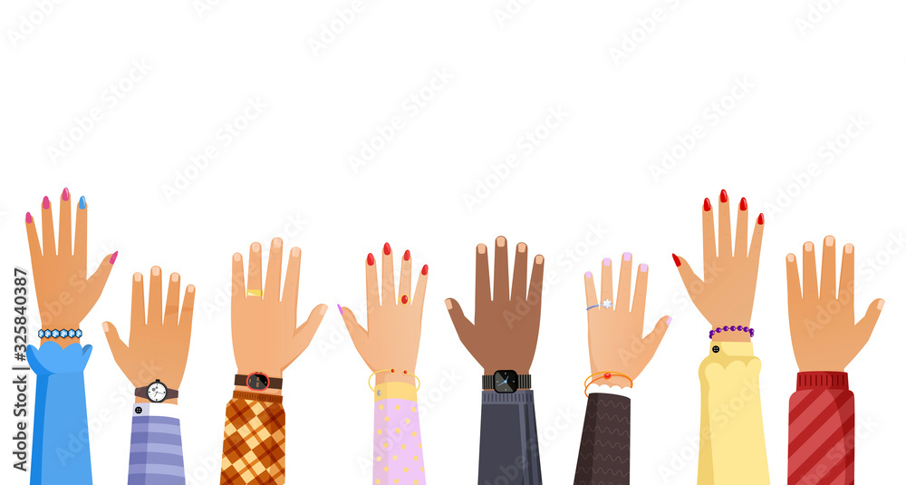 Different people hands rising up vector illustration. Teamwork, election, voting or education concept.