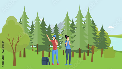 Young campers lost in the forest. People unknowing direction vector flat illustration.
