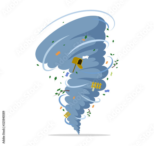 Twisting tornado vector flat illustration. Natural disaster, hurricane or storm, cataclysm and catastrophe.