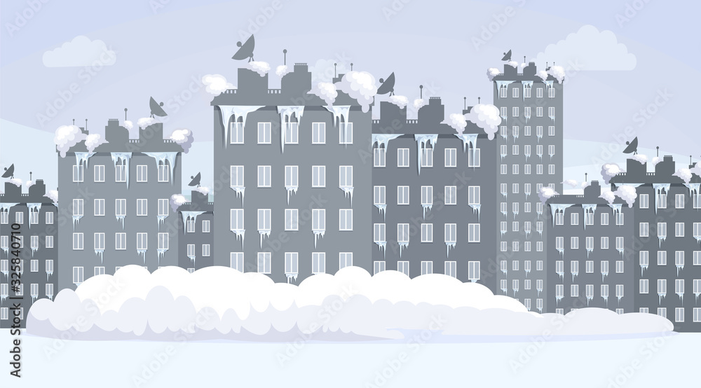 Snow covered city vector flat illustration. Cold season concept. Snow covered city vector flat illustration. Cold season concept.