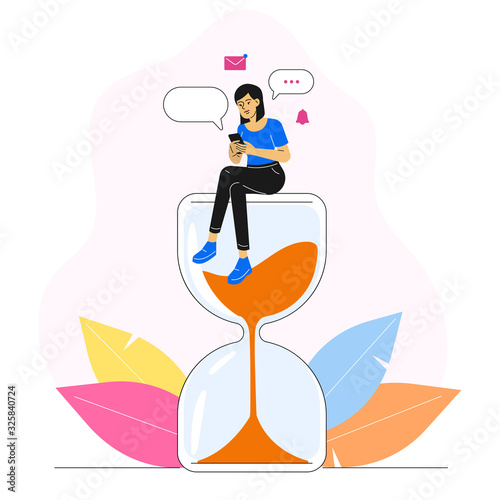 Happy woman or girl sitting on a huge hourglass and using own smartphone spending time in social. Social media addiction. Texting and chatting. Bubbles. Vector character illustration