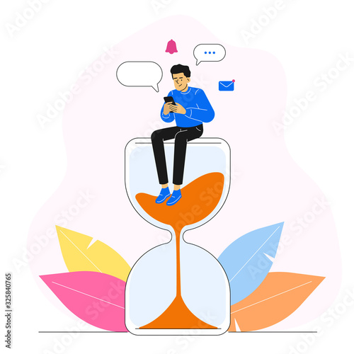Happy man or guy sitting on a huge hourglass and using own smartphone spending time in social. Social media addiction. Texting and chatting. Bubbles. Vector character illustration