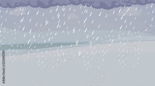 Heavy rain and dark clouds vector flat illustration. Rainy season, flood, bad weather concept.