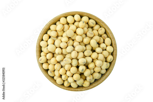 Soy beans in bowl wood top view isolated on white background with clipping path.