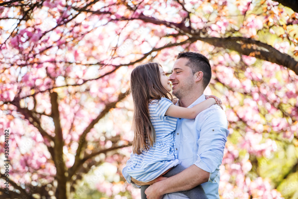 Young father holding small daughter outside in spring nature. Young father holding small daughter outside in spring nature.