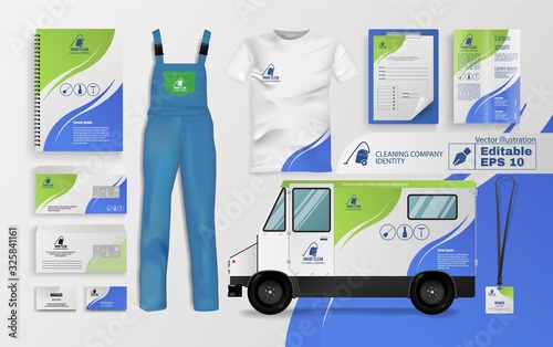 Cleaning Company Identity Editable Vector Illustration. Clean Service Equipment Symbols Logotype Emblem. Id Stationery Uniform Letter Design Set. Car Badge Brochure Business Card Template