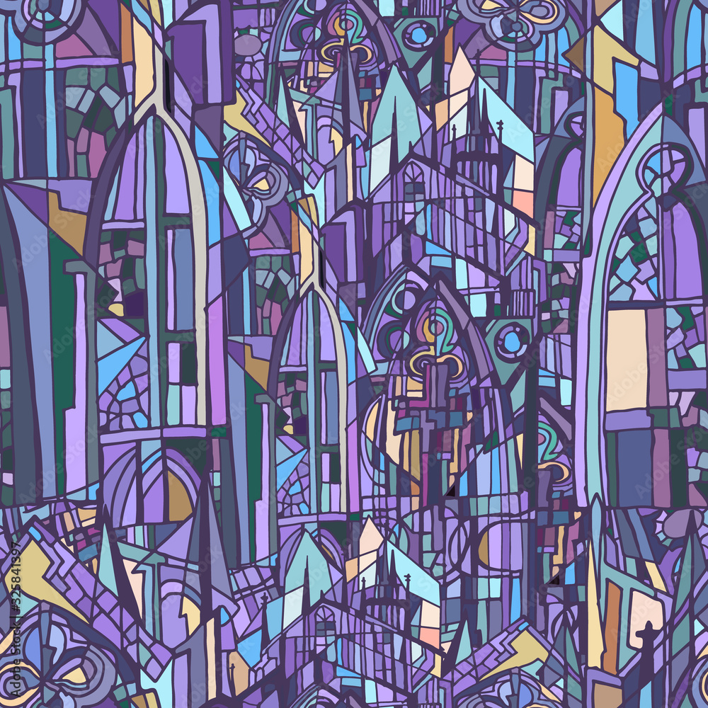Abstract colorful illustration featuring fictional gothic city. Night. Hand drawn. 