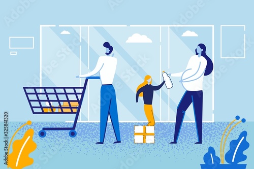 Mother, Father and Little Daughter Having Fun Buying Products in Grocery Store. Woman and Girl Choosing Food, Man Pushing Trolley to Counter Desk. Shopping People. Cartoon Flat Vector Illustration