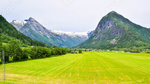 View of the glaciers and the surrounding mountain landscape from the Glacier Museum (Bremuseum) in Fjaerland. Norway.