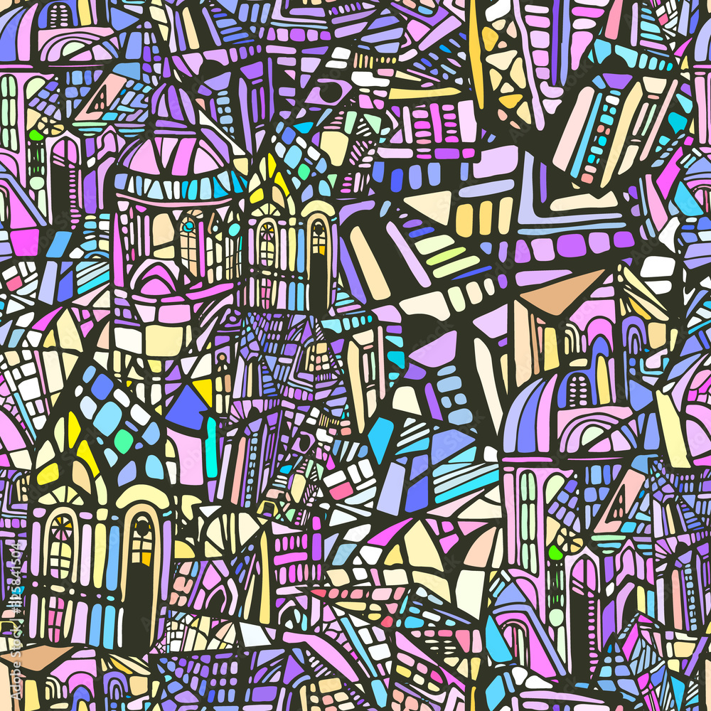 Abstract colorful illustration with fictional magic city.
