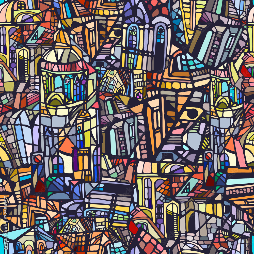 Abstract colorful illustration with fictional city.