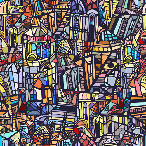Abstract colorful illustration with fictional city.