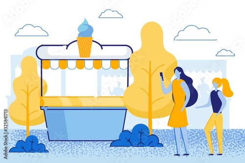 Young Mother with Little Daughter Stand at Stall with Icecream. Happy Family Mom with Child Girl Walking on Outdoor Fair or Marketplace, Spare Time Duties and Chores. Cartoon Flat Vector Illustration