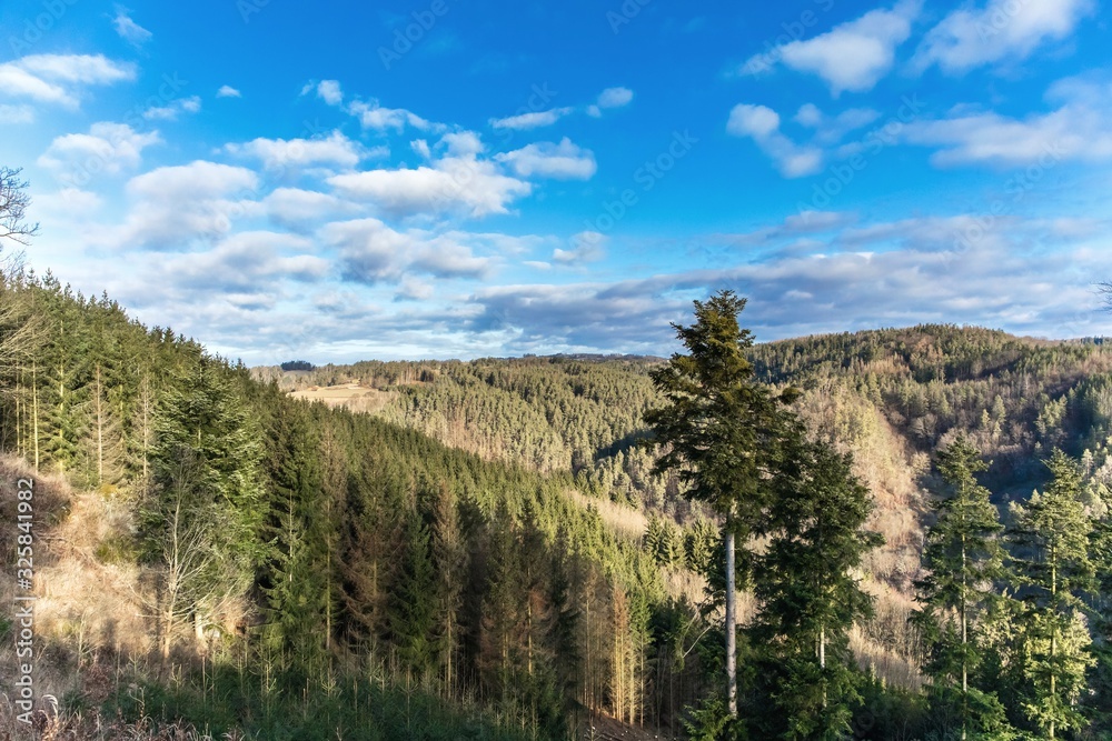 View of wooded hills and valleys. Blue sky with clouds. Morning in the woods in the Czech Republic. Beautiful landscape.
