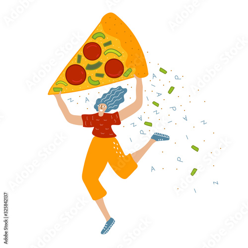 woman carries pizza cartoon character vector illustration