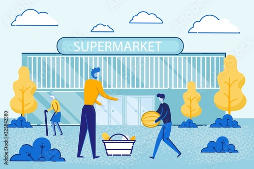 Happy Father and Son Leaving Marketplace after Shopping in Market. Little Boy Carry Heavy Watermelon to Man with Grocery Goods in Cart Standing at Supermarket Entrance Cartoon Flat Vector Illustration