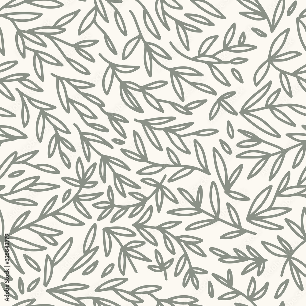 Vector seamless pattern. Floral stylish outlined background. Graphic repeating texture with tea leaves and branches in hand drawn doodle style Vector seamless pattern. Floral stylish outlined background. Graphic repeating texture with tea leaves and branches in hand drawn doodle style