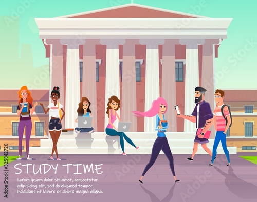 Study Time Motivate Poster. Happy Cartoon Students Walking, Chatting with Friends, Studying on Laptop, Networking via Mobile Outdoors. University Architectural Facade. Vector Flat Illustration