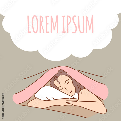 Woman sleeping vector banner template. Sleeping sweet dream, peaceful, relax cartoon outline illustration.