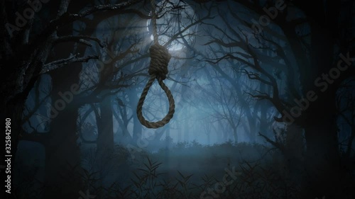 Noose Swinging in a Haunted Forest 4K Loop features a noose hanging from a tree moving in the breeze with a haunted forest and full moon behind in a loop
