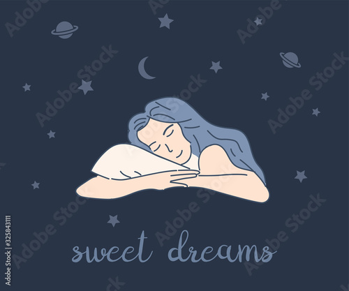 Sweet dreams card design. Woman sleeping and dreams about stars and planets. Healthy sleep and relaxation.