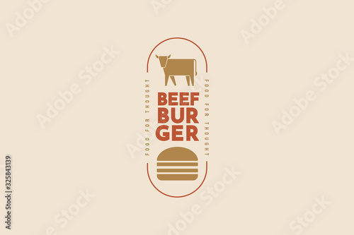 Beef burger emblem. Silhouette of a cow and a burger. The image can be used for packaging design, restaurant menus, burger houses, butcher shops. Vector illustration on a light background.