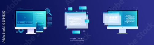 Set of vector illustrations on the theme of programming and software. Monitors with program codes on the screen and open web pages. Vector flat illustration.