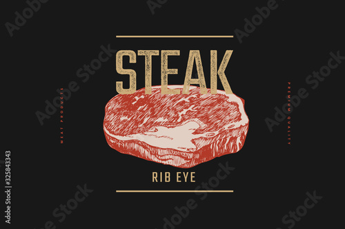 Rib eye steak vector illustration. Hand-drawn slice of meat tenderloin on black background. Concept of fresh farm products. Design element for menu, flyer, poster of butcher shop, market, restaurant.