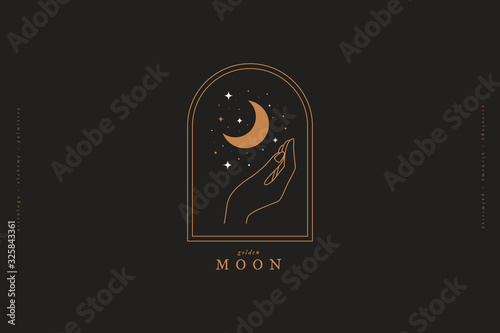 Mystical composition with hand, stars and crescent on a dark background. Boho style and esoteric. Ethnic magic and astrological symbols. Logo template in simple linear style. Vector illustration.