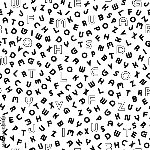 Vector seamless alphabet pattern with black bold latin letters. White repeatable unusual background