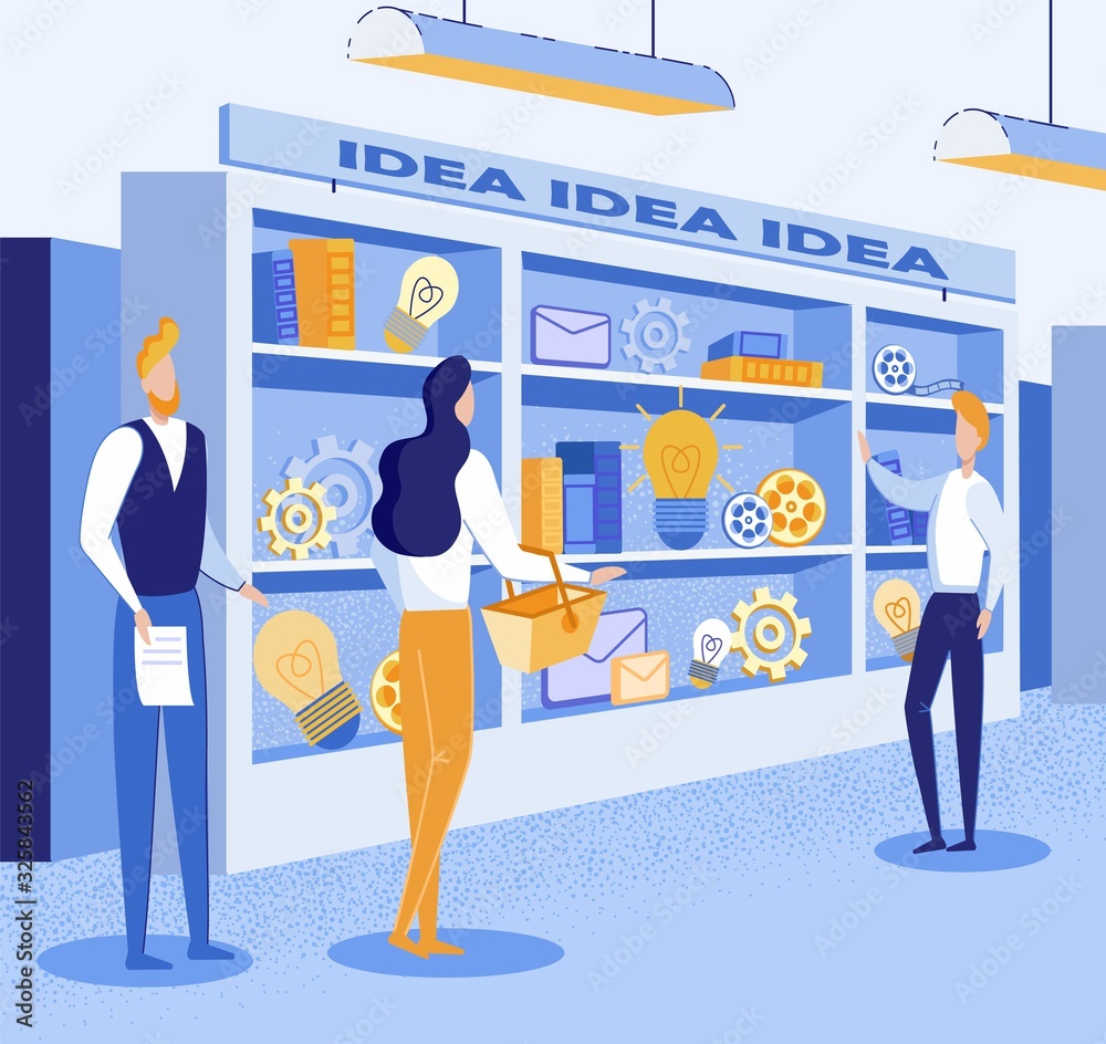 Fototapeta premium Advertising Flyer Marketing Good Idea Purchase. Critical Thinking and Specific Answers for Choosing Ideas. Woman with Basket Walks to Shelves Filled with Objects. Man Offers Goods.