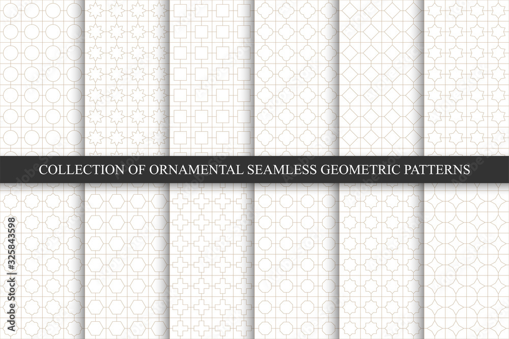 Fototapeta Kolekcja bezszwowych geometrycznych ozdobnych wzorów minimalistycznych. Białe orientalne luksusowe tła. Symetryczna konstrukcja siatki