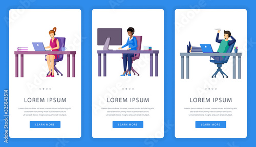 Office working, outsourcing or virtual office mobile app screens with text space.